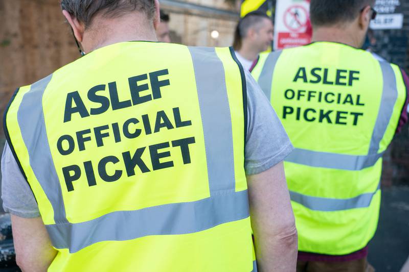 Aslef members at a picket line at Willesden Junction Station in London on a  24-hour strike over pay. 