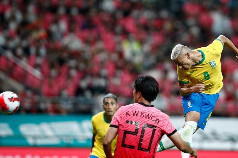 Richarlison of Brazil heads the ball during an international friendly against South Korea at Sangam World Stadium in Seoul, South Korea, June 2, 2022. EPA