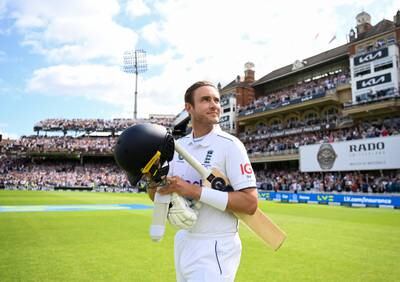 Stuart Broad of England walks out to bat in his last Test match on the fourth day of the fifth Ashes match at The Oval on July 30, 2023, after he announced his retirement from cricket yesterday. Getty