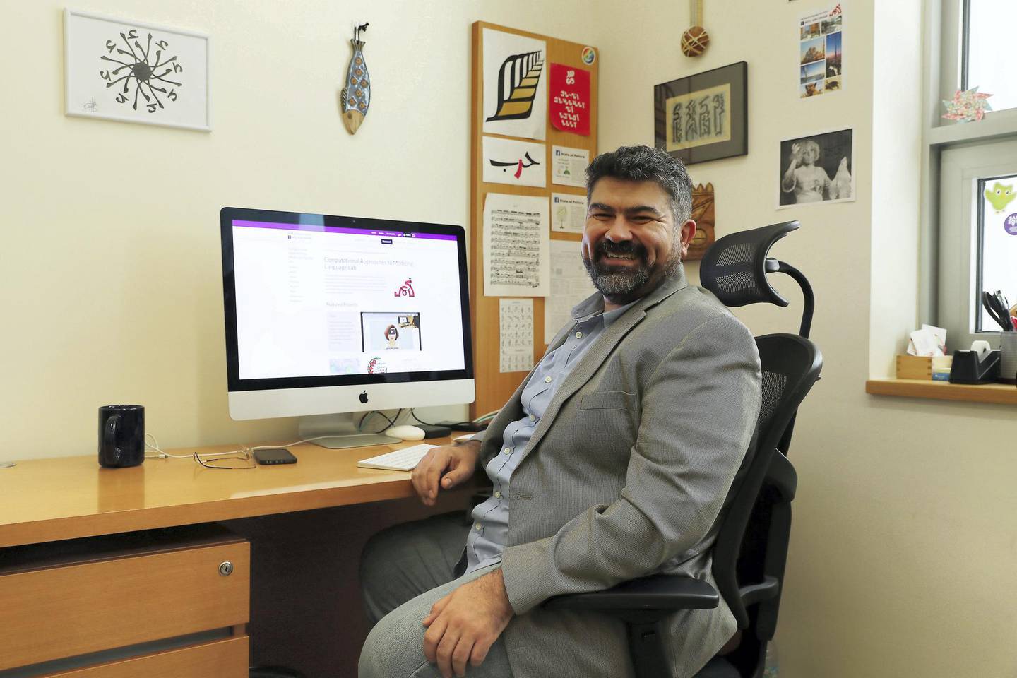ABU DHABI , UNITED ARAB EMIRATES , April 7 – 2019 :- Nizar Habash, Associate Professor of Computer Science, NYU working at his office in the NYU campus in Abu Dhabi. ( Pawan Singh / The National ) For News. Story by Anna