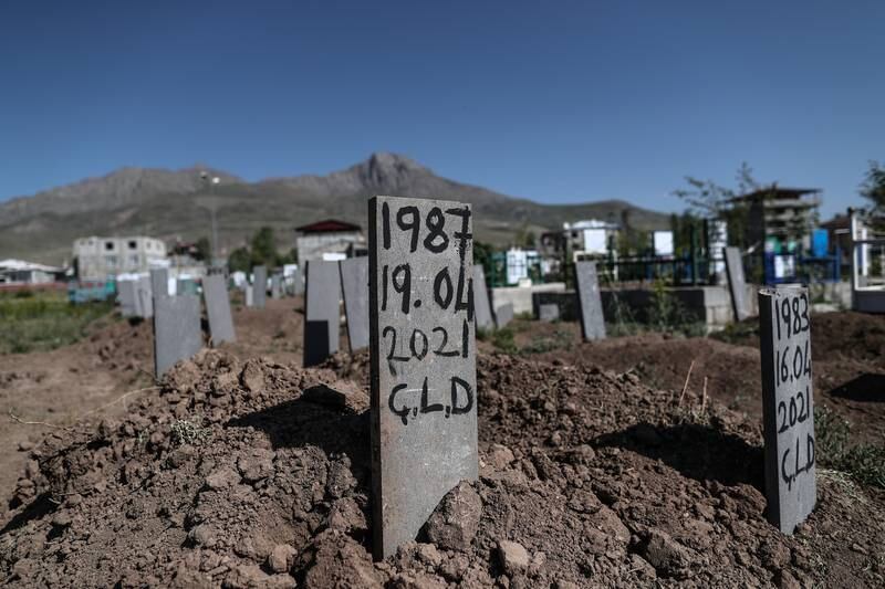 Gravestones of refugees who died crossing the Turkish-Iranian border are seen at the 'unidentified' cemetery in Van city eastern province of Turkey.
