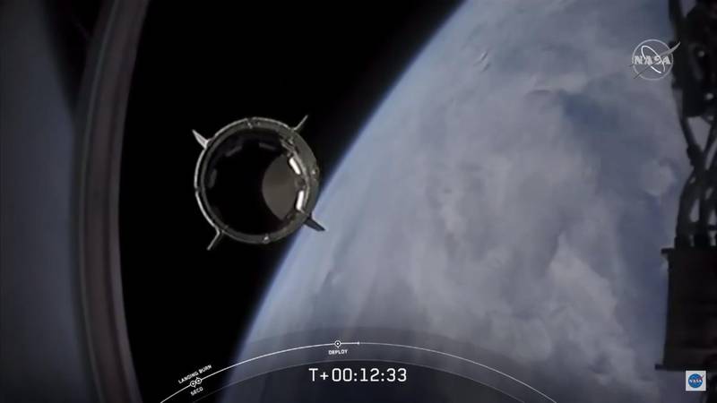 The SpaceX Falcon 9 rocket's second stage separates from the SpaceX Crew Dragon capsule. Nasa