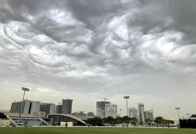 DUBAI, UNITED ARAB EMIRATES , Dec 15– 2019 :- Dark clouds during the World Cup League 2 cricket match between UAE vs Scotland at the ICC academy in Dubai.( Pawan Singh / The National )  For News/Standalone/Big Picture