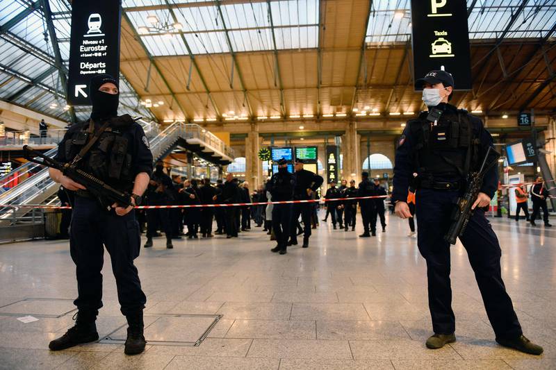 French police in the Gare du Nord train station in Paris after several people were wounded by a man wielding a knife. AFP