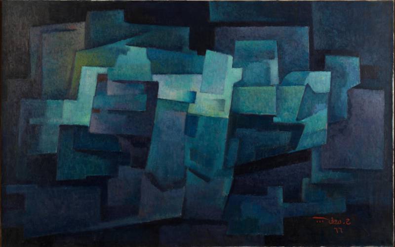 Hafidh Aldroubi and his artwork ‘Harmony in Blue’. Courtesy Carlos Azevedo