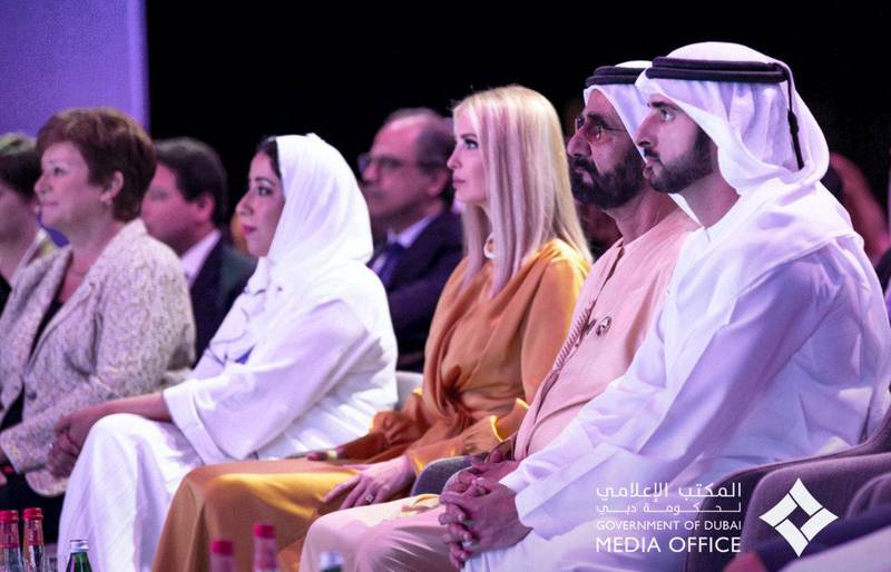 Mohammed bin Rashid, accompanied by Hamdan bin Mohammed and IIvanka Trump, daughter and advisor to the President of the United States Donald Trump, while attending the official opening of the Women's forum , which is organized by the Dubai Women‚Äôs Foundation. courtsey: Dibai Media office twitter account