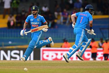India's Virat Kohli (L) and KL Rahul run between the wickets during the Asia Cup 2023 super four one-day international (ODI) cricket match between India and Pakistan at the R.  Premadasa Stadium in Colombo on September 10, 2023.  (Photo by Ishara S.  KODIKARA  /  AFP)