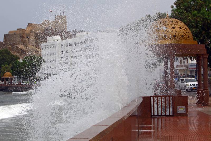 High waves break on a seaside promenade in Muscat as Cyclone Shaheen hits Oman. Rescue teams had to help dozens of people leave their homes in some coastal areas. All photos: AFP