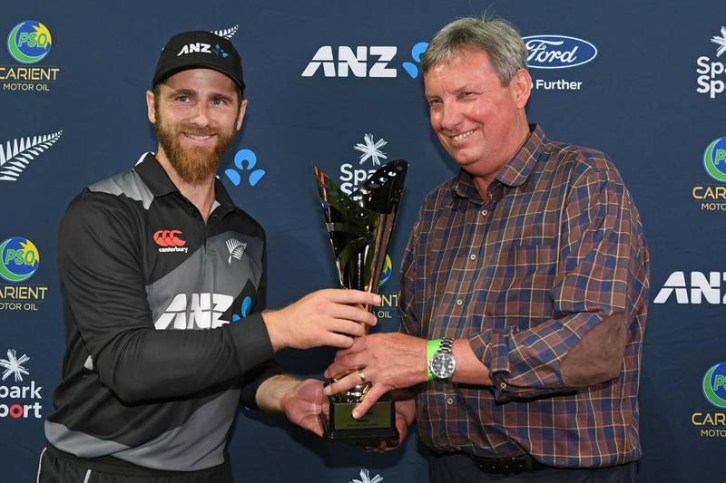 Kane Williamson of New Zealand and Martin Seddon following the third T20 at McLean Park. Getty