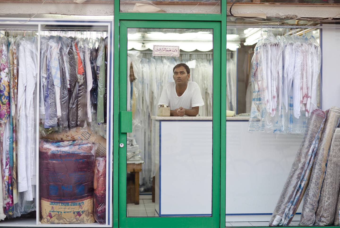 Abu Dhabi - August 24, 2010:  A laundry shop in the HH Neigh Al Tabbiyah neighborhood. Lauren Lancaster / The National