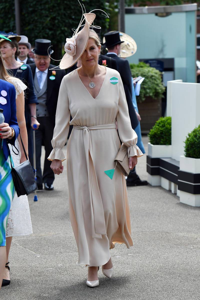 Sophie, Countess of Wessex wears an ARossGirl X Soler dress with a Jane Taylor London hat on day one of the Royal Ascot meeting at Ascot Racecourse on June 15, 2021 in Ascot, England. Getty Images