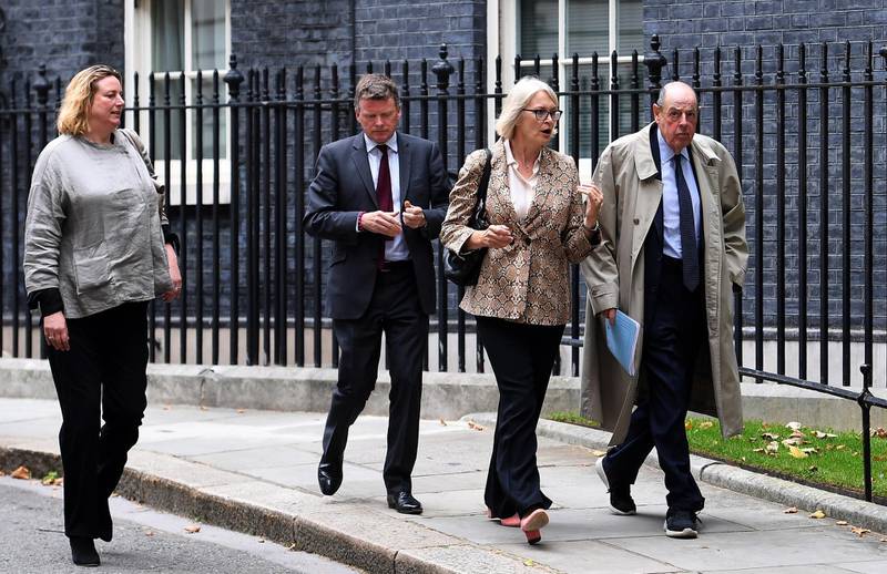 epa07814386 Tory MP Nicholas Winston Soames (R) with Conservative Party members depart 10 Downing Street following a meeting with Prime Minister Boris Johnson in London, Britain, 03 September 2019. British Prime Minister Boris Johnson is facing a vote in parliament over stopping a no deal Brexit.  EPA/ANDY RAIN