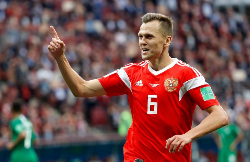 epa06807802 Denis Cheryshev of Russia celebrates after scoring the 4-0 during the FIFA World Cup 2018 group A preliminary round soccer match between Russia and Saudi Arabia in Moscow, Russia, 14 June 2018.

(RESTRICTIONS APPLY: Editorial Use Only, not used in association with any commercial entity - Images must not be used in any form of alert service or push service of any kind including via mobile alert services, downloads to mobile devices or MMS messaging - Images must appear as still images and must not emulate match action video footage - No alteration is made to, and no text or image is superimposed over, any published image which: (a) intentionally obscures or removes a sponsor identification image; or (b) adds or overlays the commercial identification of any third party which is not officially associated with the FIFA World Cup) Artem Dzyuba of Russia celebrates after scoring the 3-0 during to the FIFA World Cup 2018 group A preliminary round soccer match between Russia and Saudi Arabia in Moscow, Russia, 14 June 2018.

(RESTRICTIONS APPLY: Editorial Use Only, not used in association with any commercial entity - Images must not be used in any form of alert service or push service of any kind including via mobile alert services, downloads to mobile devices or MMS messaging - Images must appear as still images and must not emulate match action video footage - No alteration is made to, and no text or image is superimposed over, any published image which: (a) intentionally obscures or removes a sponsor identification image; or (b) adds or overlays the commercial identification of any third party which is not officially associated with the FIFA World Cup)  EPA/FELIPE TRUEBA   EDITORIAL USE ONLY EDITORIAL USE ONLY
