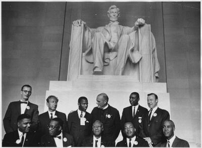 King with organisers of the Civil Rights March on Washington in front of the Lincoln Memorial. Photo: US National Archives