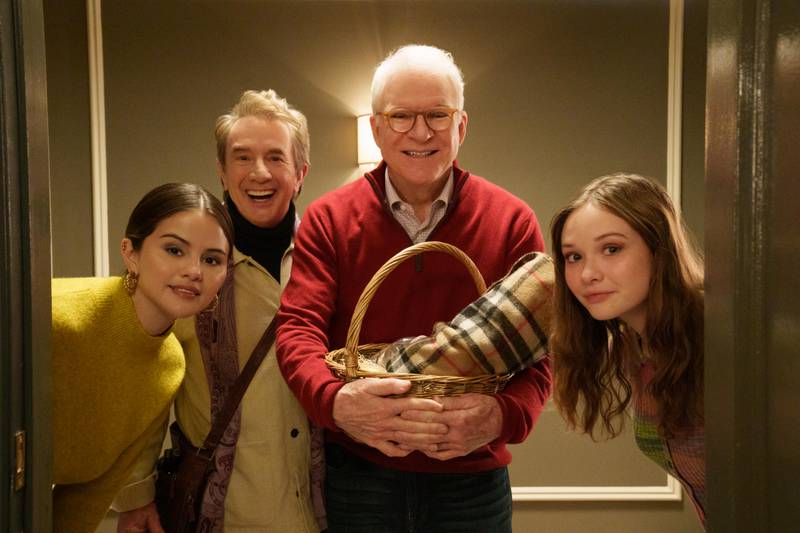 Selena Gomez, Martin Short, Steve Martin and Zoe Margaret Colletti in the second season of Only Murders in the Building. Photo: Hulu