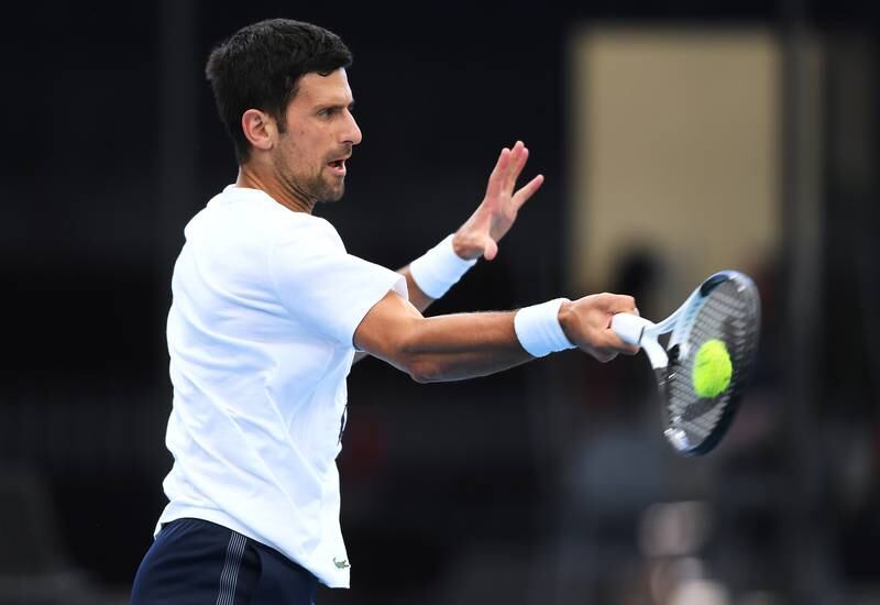 Novak Djokovic hits a forehand during his practice session ahead of the 2023 Adelaide International. Getty