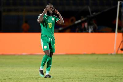 Senegal's forward Sadio Mane celebrates after scoring a goal during the 2019 Africa Cup of Nations (CAN) Group C football match between Kenya and Senegal at the 30 June Stadium in the Egyptian capital Cairo on July 1, 2019.  / AFP / Khaled DESOUKI
