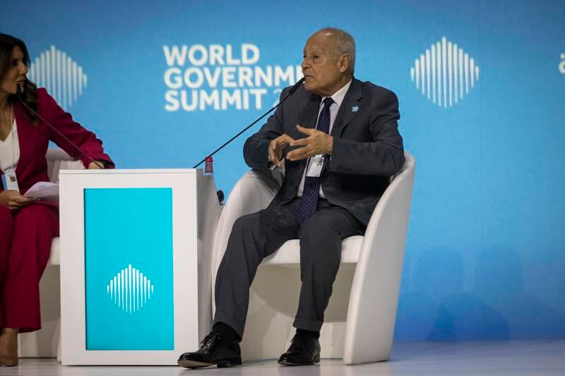 Ahmed Aboul Gheit, Secretary General of the Arab League, speaks at the World Government Summit. Antonie Robertson/The National