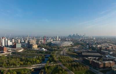 An aerial view of Queen Elizabeth Olympic Park in 2022.