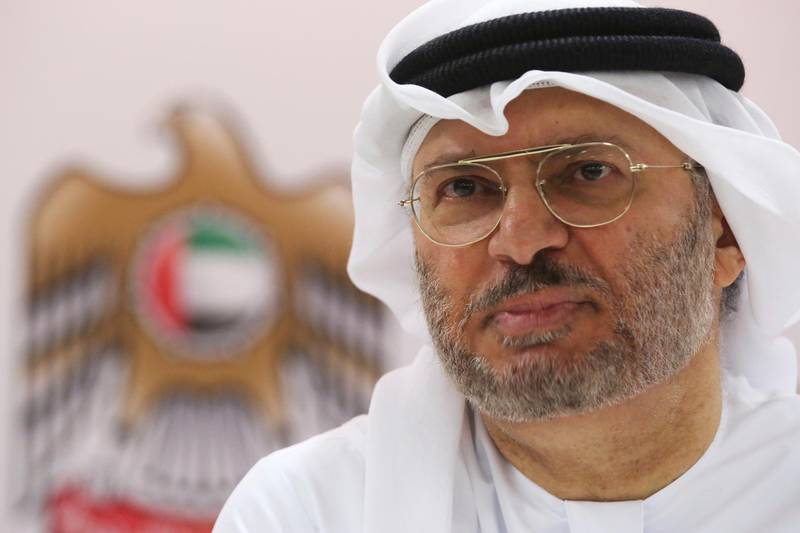Emirati Minister of State for Foreign Affairs Anwar Gargash speaks to journalists in Dubai, United Arab Emirates, Monday, June 18, 2018. The UAE is part of a Saudi-led coalition fighting against Shiite rebels for control of Yemen's port city of Hodeida. Gargash said Monday that the battle for Hodeida is aimed at forcing the countryâ€™s Shiite rebels into negotiating an end to a yearslong war. (AP Photo/Jon Gambrell)