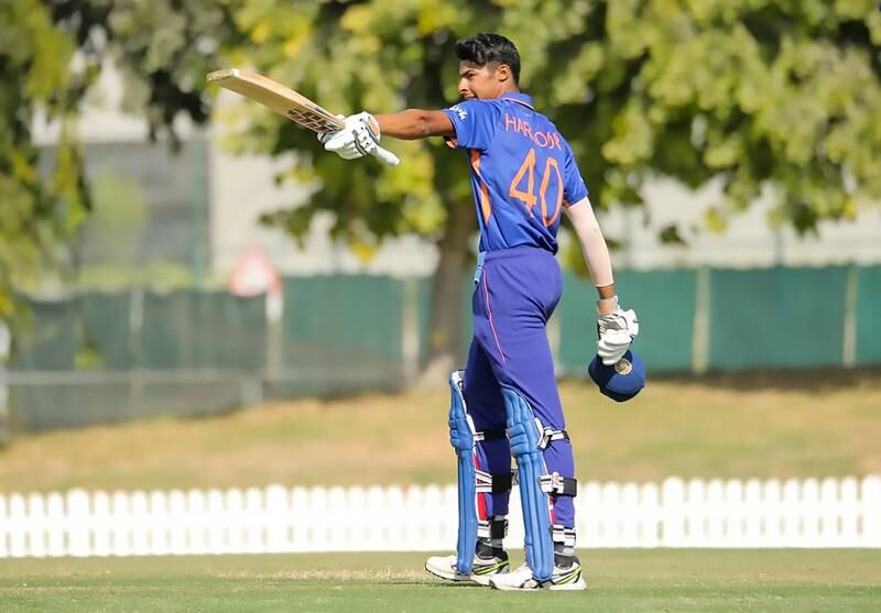 ndian opener Harnoor Singh celebrates his century against the UAE in the Under-19 Asia Cup at the ICC Academy grounds in Dubai. Asian Cricket Council