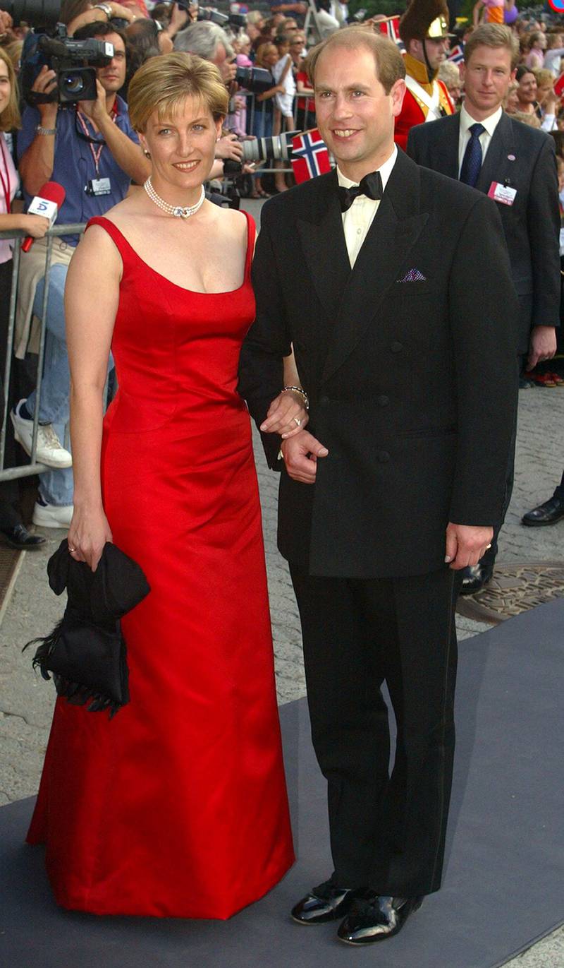 405745 17: Sophie and Edward Wessex pose for photographers May 23, 2002 as they arrive for a reception hosted by the Norwegian Government in Trondheim, Norway. They are guests of Norwegian Princess Martha Louise and writer Ari Behn, who will marry on May 24, 2002. (Photo by Sion Touhig/Getty Images)