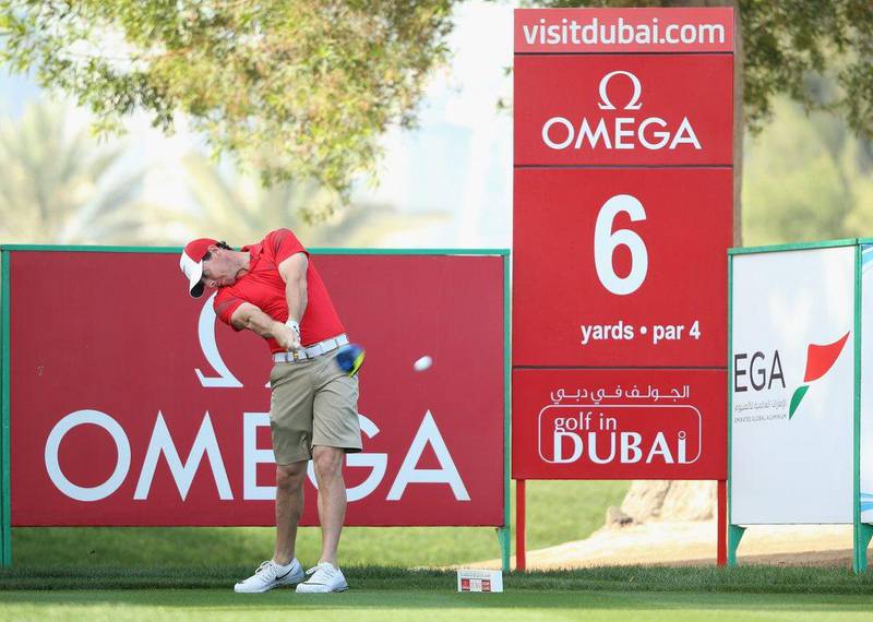 Rory McIlroy hits his tee-shot on the sixth hole during practice for the 2016 Omega Dubai Desert Classic on the Majlis Course at the Emirates Golf Club. Andrew Redington / Getty Images