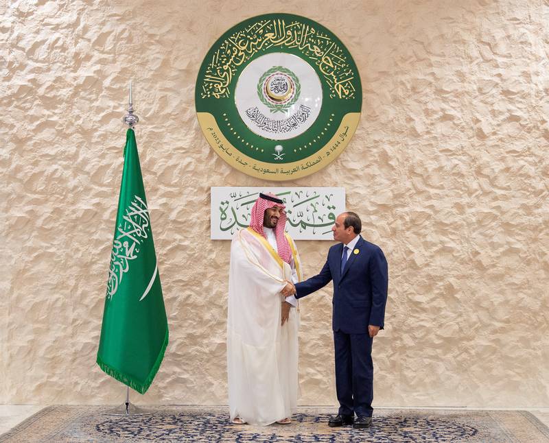 Prince Mohammed with Egypt's Mr El Sisi ahead of the summit in Jeddah. Reuters