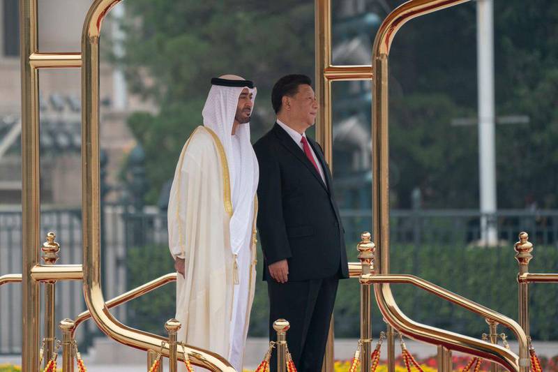 Sheikh Mohamed bin Zayed, Crown Prince of Abu Dhabi and Deputy Supreme Commander of the UAE Armed Forces, is welcomed to the Great Hall of the People in Beijing, where he met with President Xi Jinping on Monday. Courtesy Sheikh Mohamed bin Zayed Twitter