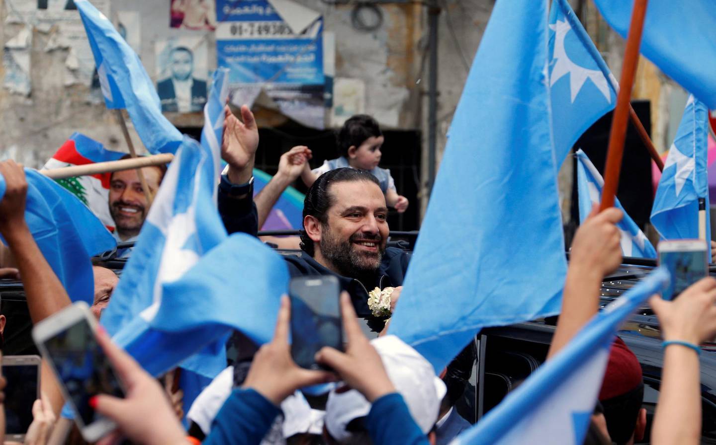 Lebanese prime minister and candidate for parliamentary election Saad al-Hariri greets his supporters in Beirut, Lebanon May 4, 2018. REUTERS/Mohamed Azakir