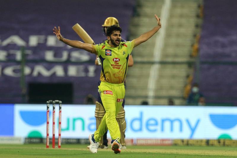 Shardul Thakur of Chennai Superkings appeals unsuccessfully during match 21 of season 13 of the Dream 11 Indian Premier League (IPL) between the Kolkata Knight Riders and the Chennai Super Kings at the Sheikh Zayed Stadium, Abu Dhabi  in the United Arab Emirates on the 7th October 2020.  Photo by: Vipin Pawar  / Sportzpics for BCCI