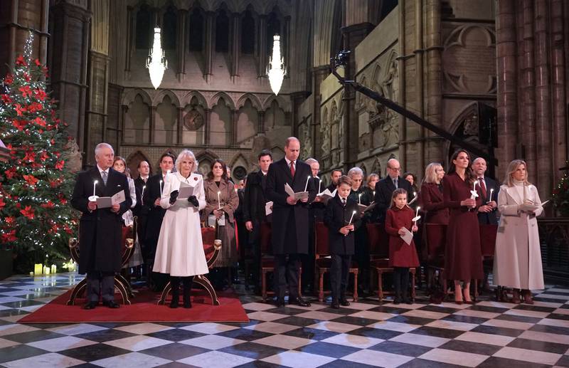 Front row left to right, King Charles, Queen Consort Camilla, Prince William, Prince George, Princess Charlotte, Kate, Princess of Wales and Sophie, Countess of Wessex during the service. PA