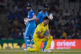Australia's Marcus Stoinis, reacts as India's captain K L Rahul, left, and Suryakumar Yadav, takes a run between the wickets during the first one day international match between Australia and India in Mohali, India, Friday, Sept.  22, 2023.  (AP Photo / Altaf Qadri)