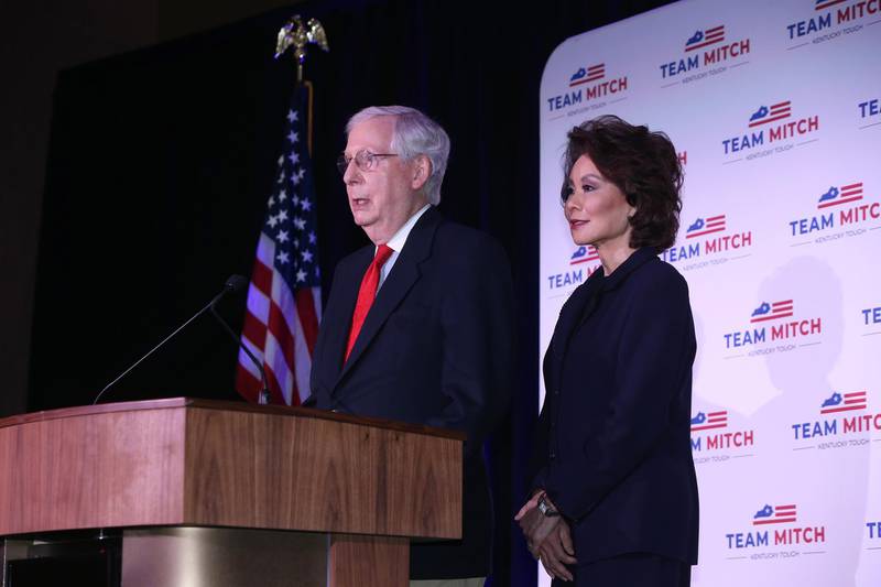Republican US Senator Mitch McConnell of Kentucky is joined by his wife Elaine Chao as he speaks at a press conference following his projected senate race victory at the Omni Hotel in Louisville, Kentucky, USA.  EPA