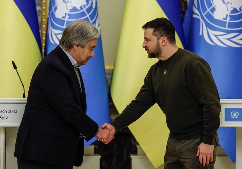 Volodymyr Zelenskyy and UN chief Antonio Guterres shake hands after a joint news briefing in Kyiv. Reuters