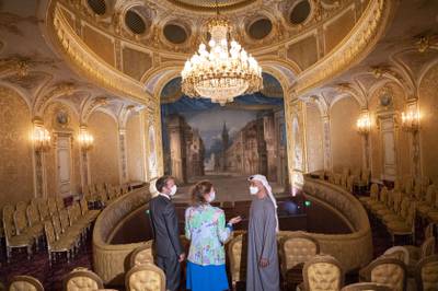 President Macron accompanied Sheikh Mohamed on a tour of Sheikh Khalifa bin Zayed Al Nahyan Theatre, at Fontainebleau Palace.