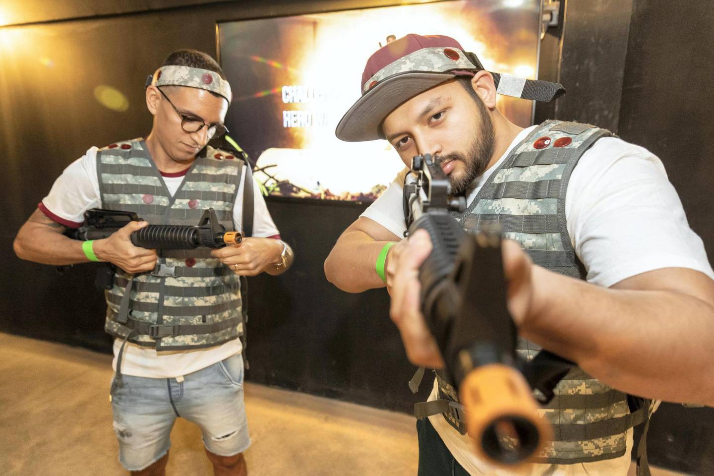 DUBAI, UNITED ARAB EMIRATES. 14 DECEMBER 2019. A first look at XStrike, a new entertainment concept launching in Dubai, which features live combat simulationand and promotes teamwork while providing entertainment through innovative new technology. Participants take part in a urban assault course style gun battle using laser based toy guns. With participants for the first game geared up they wait for the first assault. (Photo: Antonie Robertson/The National) Journalist: Hafsa Lodi. Section: National.