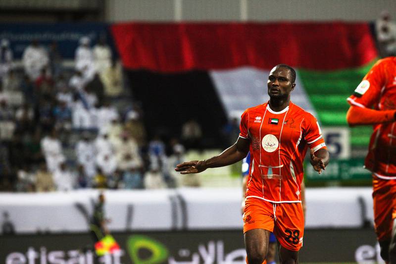 Dubai, UAE, December 5 2012: 

Al Nasr and FC Dibba battled it out tonight at the Maktoum Stadium. Unfortunately neither side had much to celebrate as the teams ended the match in a 1-1 draw.
Seen here are players from FC Dibba celebrating their club's equalizing goal.
Lee Hoagland/The National