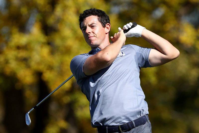 Rory McIlroy of Europe hits off the 17th tee during singles matches of the 2016 Ryder Cup. Sam Greenwood / AFP