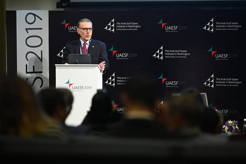 ABU DHABI, UNITED ARAB EMIRATES. 12 DECEMBER 2019. Brigadier General Miguel Castellanos, Deputy Director for Operations, U.S. Africa Command, speaking at UAE Security Forum 2019: Reshaping the Future of the Horn of Africa, at NYU AD.(Photo Courtesy of AGSIW)Reporter:Section: