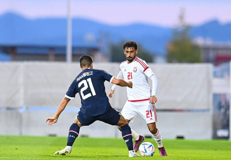 Harib Abdallah takes on Ivan Ramirez during the UAE's friendly against Paraguay in Austria. Photo: UAE FA