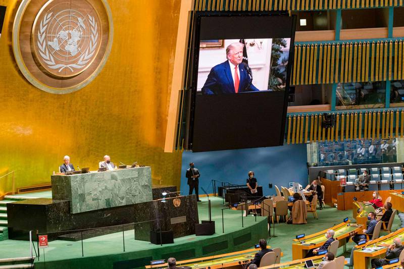 This UN handout photo shows US President Donald Trump(on screen), as he addresses the general debate of the seventy-fifth session of the United Nations General Assembly, on September 22, 2020 at the UN in New York. US President Donald Trump angrily cast blame on China over the coronavirus pandemic in an address on Tuesday before the United Nations, whose chief warned against a new "Cold War" between the two powers. - RESTRICTED TO EDITORIAL USE - MANDATORY CREDIT "AFP PHOTO /UNITED NATIONS/RICK BAJORNAS/HANDOUT " - NO MARKETING - NO ADVERTISING CAMPAIGNS - DISTRIBUTED AS A SERVICE TO CLIENTS
 / AFP / UNITED NATIONS / Rick BAJORNAS / RESTRICTED TO EDITORIAL USE - MANDATORY CREDIT "AFP PHOTO /UNITED NATIONS/RICK BAJORNAS/HANDOUT " - NO MARKETING - NO ADVERTISING CAMPAIGNS - DISTRIBUTED AS A SERVICE TO CLIENTS
