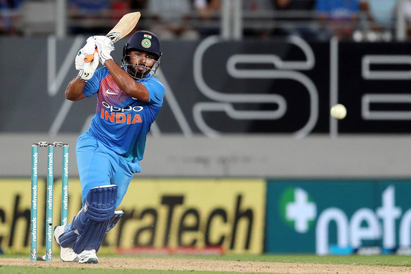 India's Rishabh Pant plays a shot during the second Twenty20 international cricket match between New Zealand and India in Auckland on February 8, 2019. / AFP / MICHAEL BRADLEY
