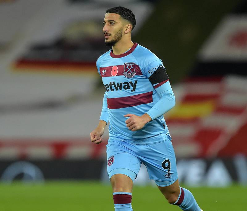 LIVERPOOL, ENGLAND - OCTOBER 31:  Said Benrahma of West Ham United comes on for his debut and first Premier League game during the Premier League match between Liverpool and West Ham United at Anfield on October 31, 2020 in Liverpool, United Kingdom. Sporting stadiums around the UK remain under strict restrictions due to the Coronavirus Pandemic as Government social distancing laws prohibit fans inside venues resulting in games being played behind closed doors.  (Photo by Arfa Griffiths/West Ham United FC via Getty Images)