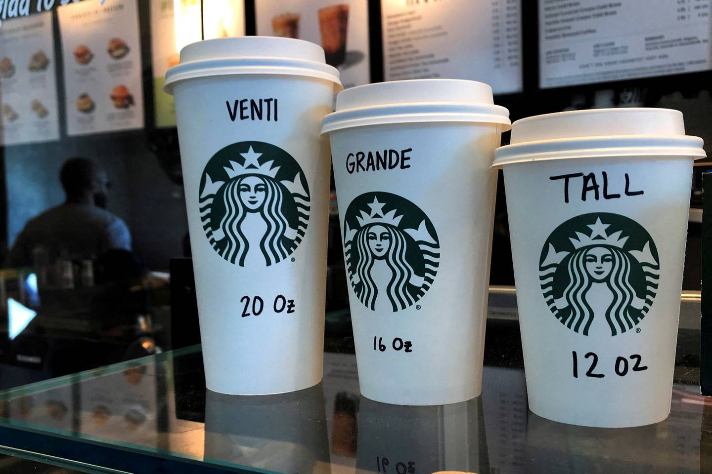 Starbucks cups on a counter in the Manhattan borough of New York. Reuters