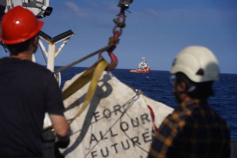A boulder with the message 'For all our Futures' on the 'Arctic Sunrise'. Photo: Greenpeace