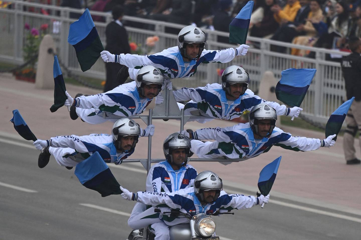 An Indian army stunt team performs during India’s 74th Republic Day parade in New Delhi. AFP
