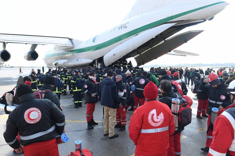 Algerian rescue teams arrive at Aleppo International Airport. AFP