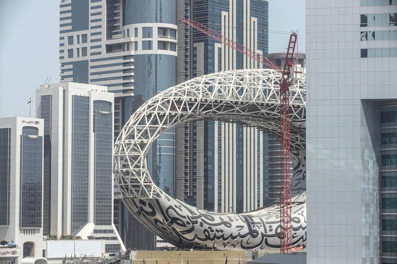 DUBAI, UNITED ARAB EMIRATES. 16 SEPTEMBER 2019. The half finished Dubai’s Museum of the Future as seen from DIFC. STANDALONE. (Photo: Antonie Robertson/The National) Journalist: None. Section: National.