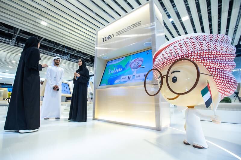 Salim, the official mascot of the Telecommunications and Digital Government Regulatory Authority (TDRA), at the agency's stand at Gitex in Dubai. All photos: Leslie Pableo for The National